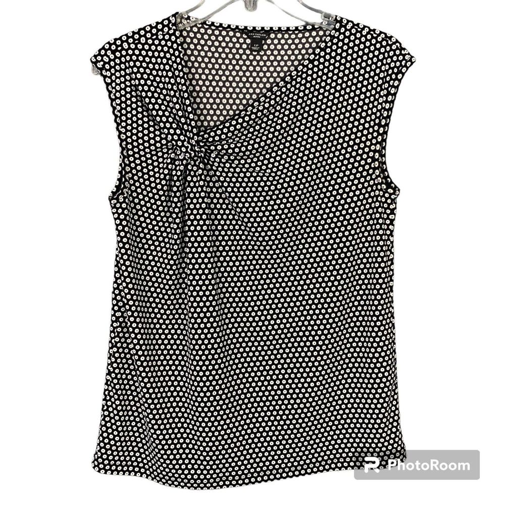 Ann Taylor Petite Sleeveless Top Sz LP B&W Print Career Asymmetrical Neckline